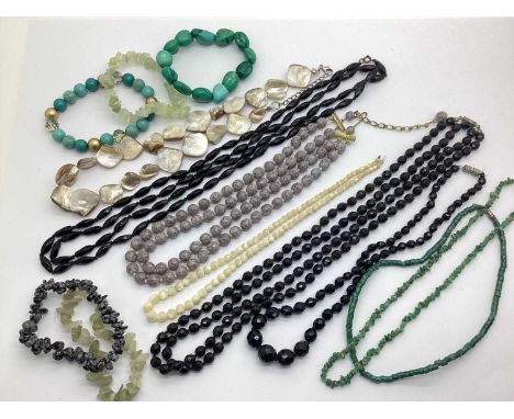 Vintage and Later Bead Necklaces, mother of pearl, polished hardstone etc :- One Tray