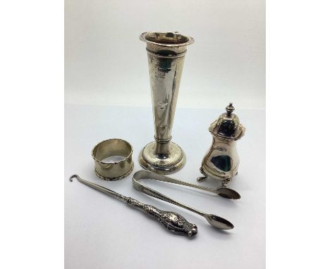 A Hallmarked Silver Spill Vase, on circular (weighted) base (dents); a plated pepperette, EPNS napkin ring, button hook (hand