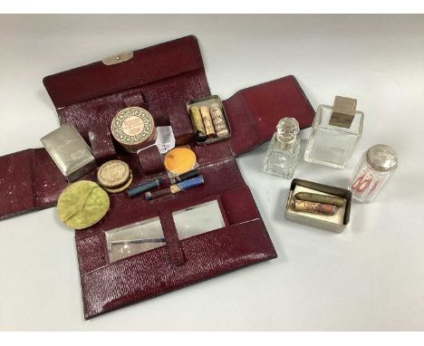 Vintage Ladies Toiletry Case, fitted with mirror and rectangular boxes, containing vintage makeup; together with two hallmark