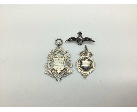 An RAF Sweetheart Brooch, marcasite set (loses), stamped "SILVER", together with a hallmarked silver medallion pendant, of op