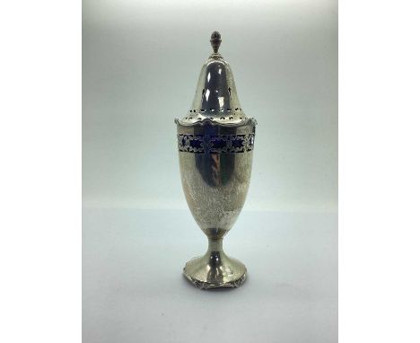 A c.Early XX Century Hallmarked Silver Sugar Caster, (marks rubbed) of plain tapering form with pierced band and shaped rim, 