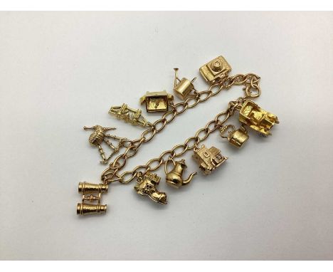 A 9ct Gold Curb Link Charm Bracelet, suspending assorted novelty charm pendants including telephone, vintage motor car, binoc