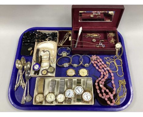 Vintage and Later Ladies and Gent's Wristwatches, bead necklaces, gilt metal chains, imitation pearls, apostle teaspoons, tri