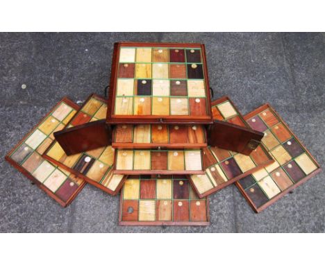 A LATE 18TH OR EARLY 19TH CENTURY MAHOGANY CABINET MAKER'S TIMBER SPECIMEN CHEST containing eight numbered shallow trays with