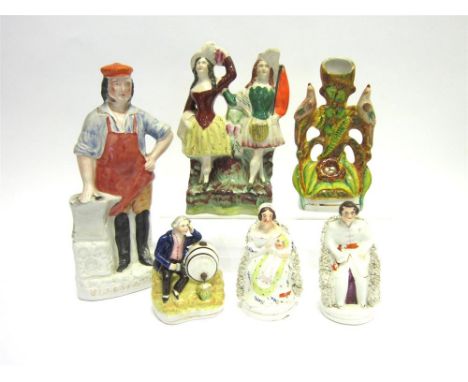 SIX STAFFORDSHIRE POTTERY FIGURINES & FIGURAL GROUPS including a Scotsman and his lady, 22cm high; a blacksmith, 30cm high; a