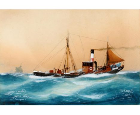 K. ARNOLD (BRITISH, EARLY 20TH CENTURY) 'St. Condor, North Sea' - Study of a merchant vessel in restless waters, watercolour 