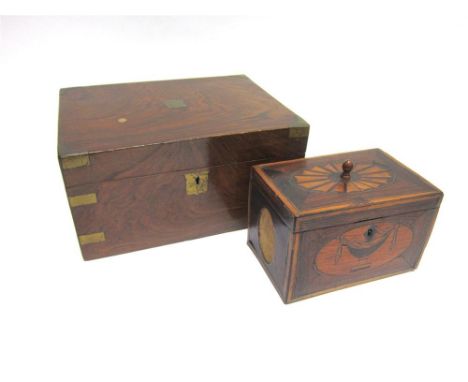 AN EARLY 19TH CENTURY ROSEWOOD TEA CADDY with satinwood inlay, the two-division interior lead-lined, 18.5cm wide; and a Victo