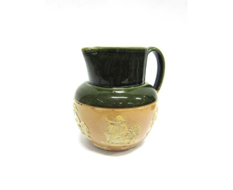 A ROYAL DOULTON STONEWARE HUNTING JUG  with a green glazed upper section, the buff coloured body with sprigged decoration, th