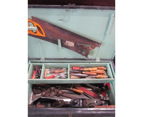 ASSORTED WOOD-WORKING TOOLS including a Bailey No.7 plane, contained in an ebonized wooden chest.