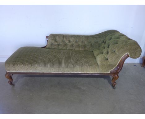 A Victorian carved walnut button back chaise lounge on shaped dwarf cabriole legs -1.95m long x 71cm deep x 74cm tall