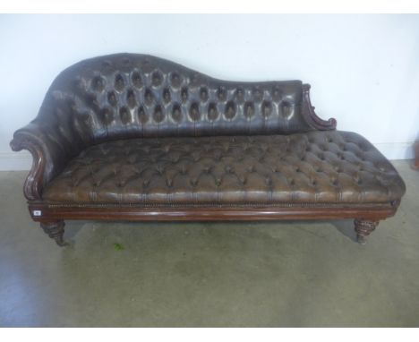 A good quality early 19th century rosewood chaise longue with brown button back leather upholstery - Height 86 cm x Length 1.