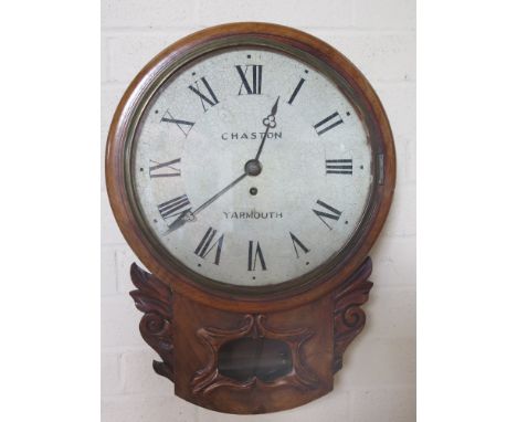 A late 19th century 8 day drop trunk wall clock with fusee movement - Chaston Yarmouth 
Condition report: Working with key