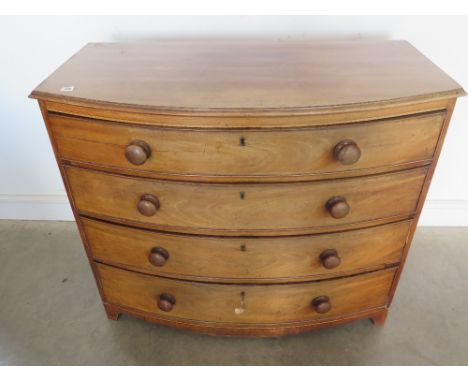 A 19th century mahogany four drawer bowfronted chest on cut down bracket feet - Height 93 cm x  Width 1.09 m c Width 55 cm 