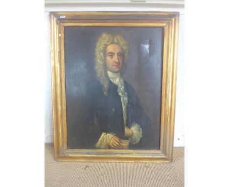 An 18th century oil on canvas portrait of a wigged Gentleman - vendors information - it is Scarlyn Wilson an ancestor - 89 cm