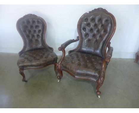 Two Victorian Gents and Ladies carved walnut fireside chairs with brown leather button back upholstery - matching previous lo
