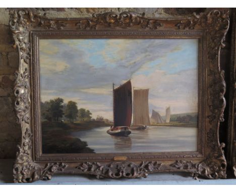 Oil on panel - Barges on the river to foreground, cattle and barges to background - in a modern gilt frame - size 61 cm x 47 