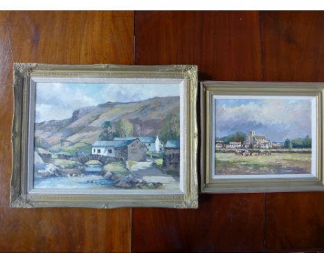 Two framed oil on panel by David Green - Cley, Norfolk - size frame to frame 53 cm x 43 cm and Watend Cath Lake District - si