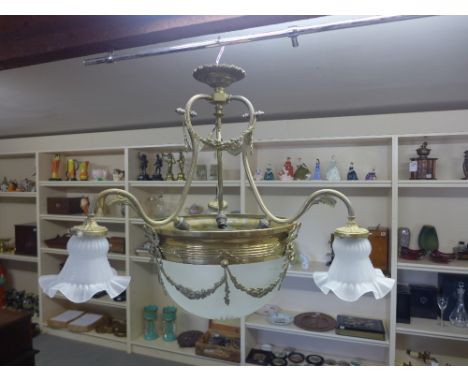 A French ormolu and glass ceiling light with etched glass central shade and three shaped shades decorated with swags and garl