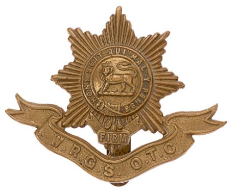 Badge. Worcester Royal Grammar School OTC cap badge.  Good die-stamped brass issue as Worcestershire Regiment but on WRGS OTC