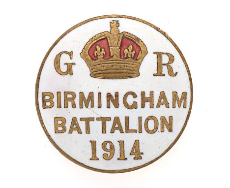 Badge. Birmingham Battalion 1914 Kitchener's Army enamelled lapel badge. Fine white disc with red enamelled crown flanked by 
