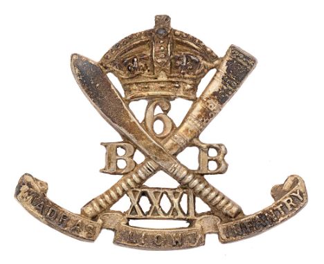 Badge. Indian Army. 6th Burma Bn. 31st Madras Light Infantry Victorian cap badge circa 1893-1901.  Good scarce British die-st