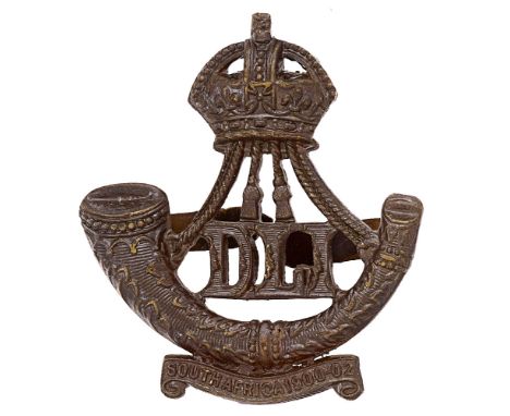Badge. 5th, 7th, 8th &amp; 9th Bns. Durham Light Infantry OSD cap badge circa 1908-52.  Good scarce die-cast blackened crowne
