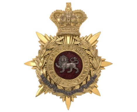 Badge. Royal Lancaster Regiment Victorian Officer's helmet plate circa 1881-1901.  Fine gilt crowned star mounted with Garter