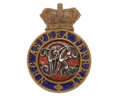 Badge. Royal Military College, Sandhurst Victorian Officer Cadet's cap badge.  Crowned scarce pierced gilt circlet NEC ASPERA