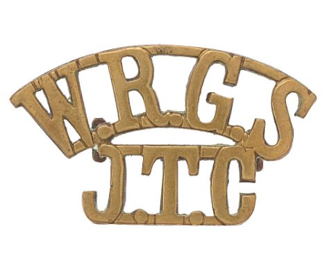 Badge. WRGS / JTC  Worcester Royal Grammar School shoulder title circa 1940-48.  Good scarce die-cast issue.    Loops.  VGC P