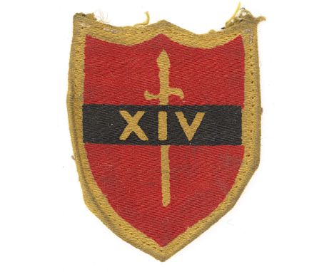 Badge. 3rd Indian Armoured Brigade WW2 formation sign. Good scarce small 14th Army shield printed on yellow. Removed from uni
