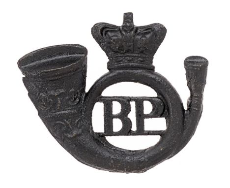 Badge. Burma Police Victorian cap badge circa 1880's-1901.  Good scarce die-stamped blackened brass crowned French Horn with 