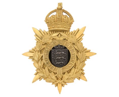 Badge. Royal Guernsey Militia Edwardian Officer's helmet plate circa 1901-08.  Fine rare gilt crowned star mounted PRO ARIS R