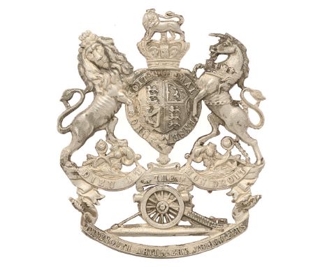 Badge. Tynemouth Artillery Volunteers Victorian helmet plate circa 1881-1901.  Good scarce die-stamped white metal Royal Arms