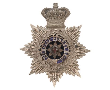 Badge. 3rd Royal Surrey Militia Victorian Officer's helmet plate circa 1878-81.  Fine rare silvered crowned star with faceted