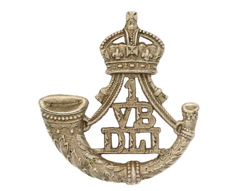 Badge. 1st (Stockton on Tees) VB Durham Light Infantry DLI cap badge circa 1901-08.  Good scarce die-stamped white metal crow