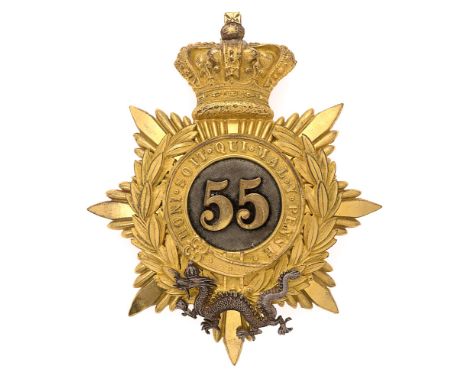 Badge. 55th (Westmoreland) Regiment of Foot Officer's helmet plate circa 1878-81.  Fine scarce gilt crowned star pattern moun