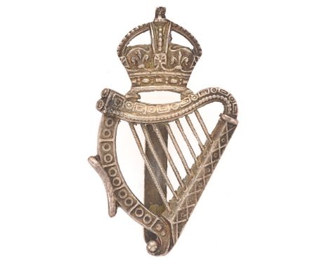 Badge. London Irish Rifles Officer's caubeen badge circa 1937-52.  Good scarce silver plated large crowned harp.    Slider.  