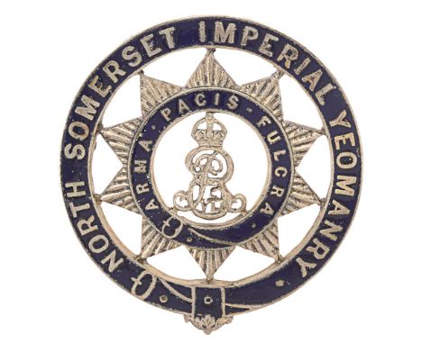 Badge. North Somerset Imperial Yeomanry Edwardian Officer's cap badge circa 1902-08  Fine rare die-cast silvered and blue ena