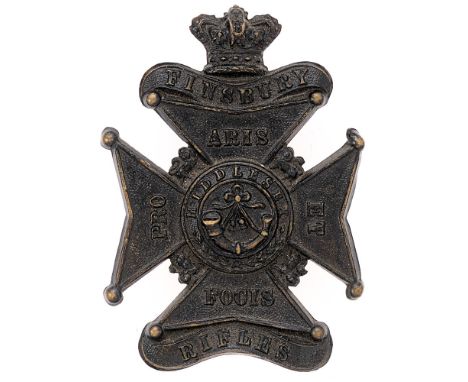 Badge. Finsbury Rifles Victorian glengarry badge.  Good scarce die-stamped blackened brass crowned FINSBURY scroll on Maltese