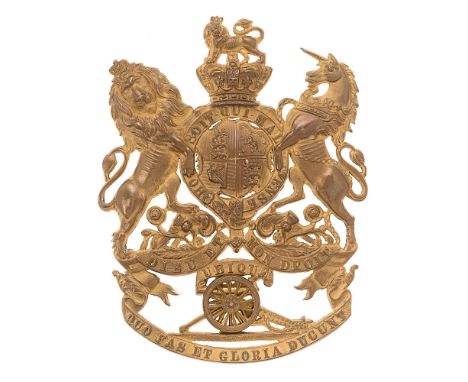 Badge. Royal Artillery Victorian Officer's helmet plate circa 1878-1901.  Good die-stamped gilt example Royal Arms, pierced a