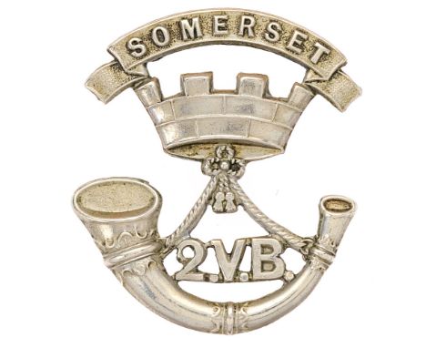 Badge. 2nd (Taunton) VB Somerset Light Infantry cap badge circa 1896-1908.  Good scarce die-stamped white metal bugle horn st