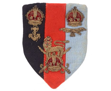 Badge. India Command WW2 formation sign.  Good scarce felt shield divided vertically Navy blue, scarlet and light blue; each 