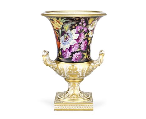 A large Derby vase, circa 1815Of slender campana form, boldly painted in the manner of William 'Quaker' Pegg with garden flow