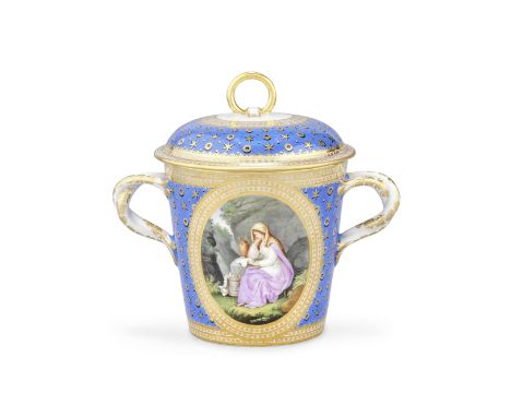 A Derby chocolate cup and cover, circa 1790-95Of tapering bucket shape with entwined handles, the low domed cover with a ring