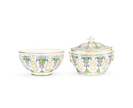 A Pinxton sucrier and cover and a slop bowl, circa 1800The oval sucrier with applied ring handles, the domed cover with a fac