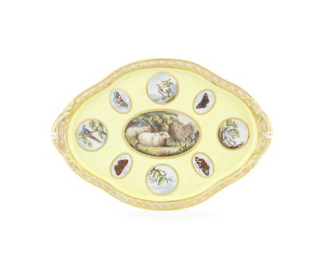 A remarkable Derby cabaret service by John Brewer, circa 1800Painted with panels of animals, birds and butterflies reserved o