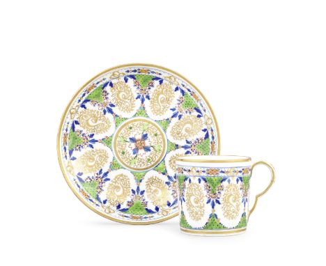 Three Pinxton coffee cans and saucers, circa 1800Of cylindrical shape with 'kicked' handles, fully decorated with gilded seaw