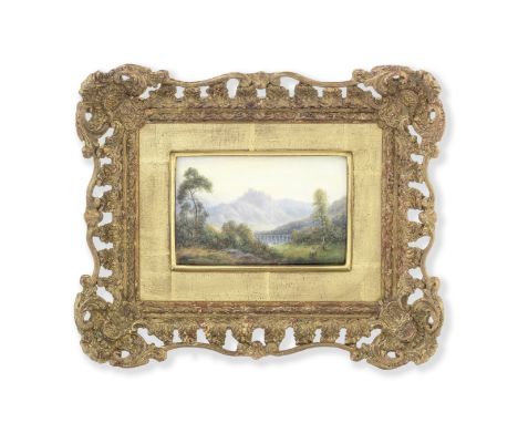 A Royal Worcester plaque by Harry Davis, circa 1969Rectangular, finely painted with a rural landscape, a woman and child walk