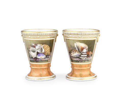 A pair of Flight and Barr Worcester jardinières, circa 1800Of tapering cylindrical form, finely painted with panels of shells