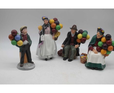 A collection of four Royal Doulton figures to include Balloon Boy, The Old Balloon Seller, Biddy Penny Farthing, and The Ball